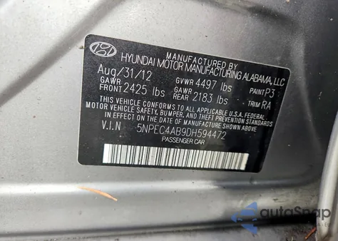 2013 Hyundai Sonata Se из США, поврежденный, VIN 5NPEC4AB9DH594472